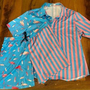 Vatpave Blue and Pink Flamingo Print and Sripes Stretch Swim Suit and Shirt, XL